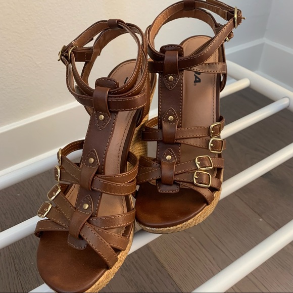 SODA Brown Leather Wedge Heels / Summer Wedge Heels / Wedge Sandals Heels - Picture 2 of 6